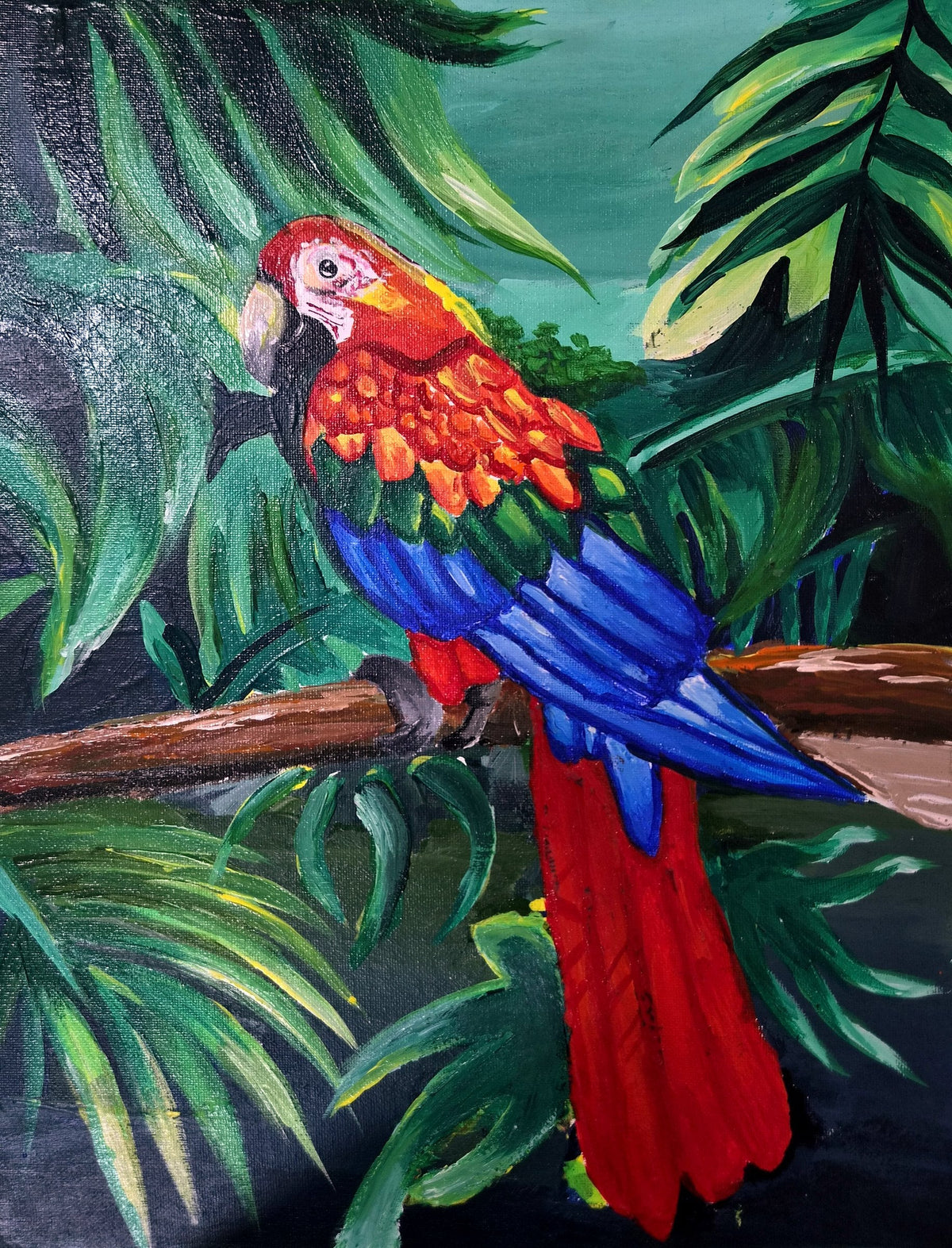 Jungle Parrot: A scarlet macaw climbing through deep green jungle leaves.