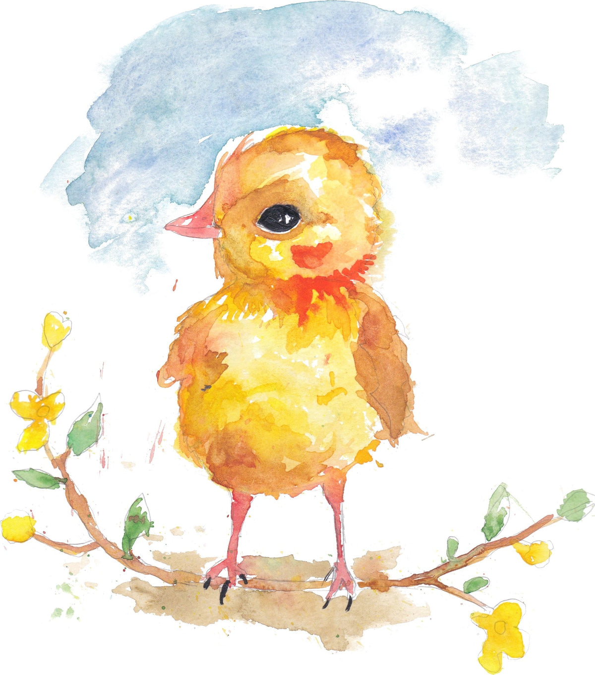 Baby Chick: A little yellow chick on a flowering branch under a pale blue sky.