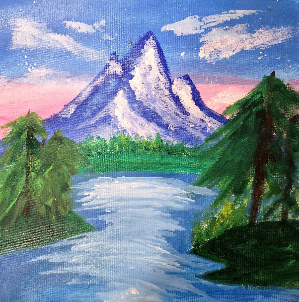 Cold and Snowy: Snowy mountains above a winding river and tall pine trees.