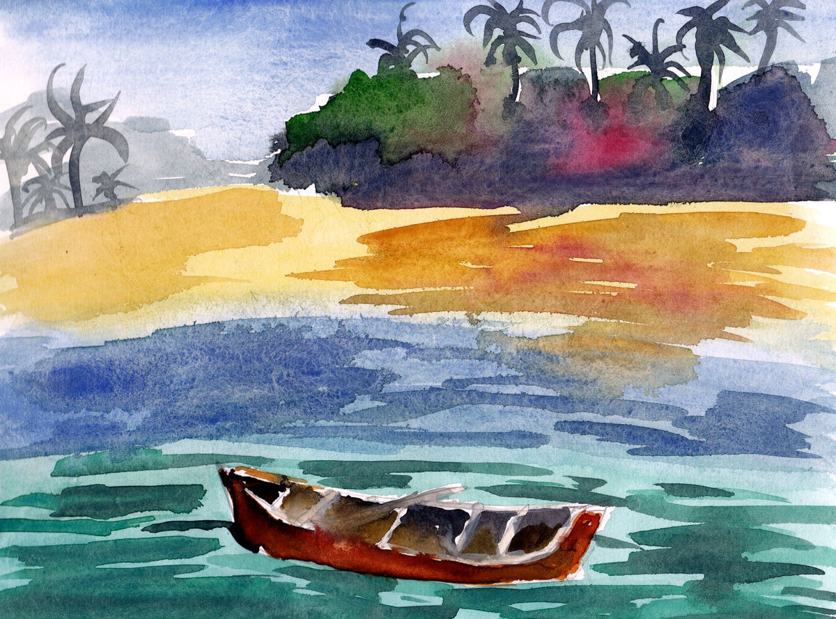 Faraway Island: A wooden boat drifting past a palm-tree island.