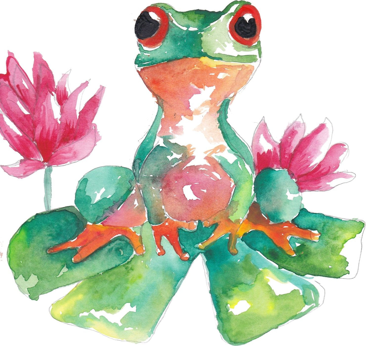 Lily Pad Frog: A red-eyed tree frog on lily pads between pink lotus flowers.