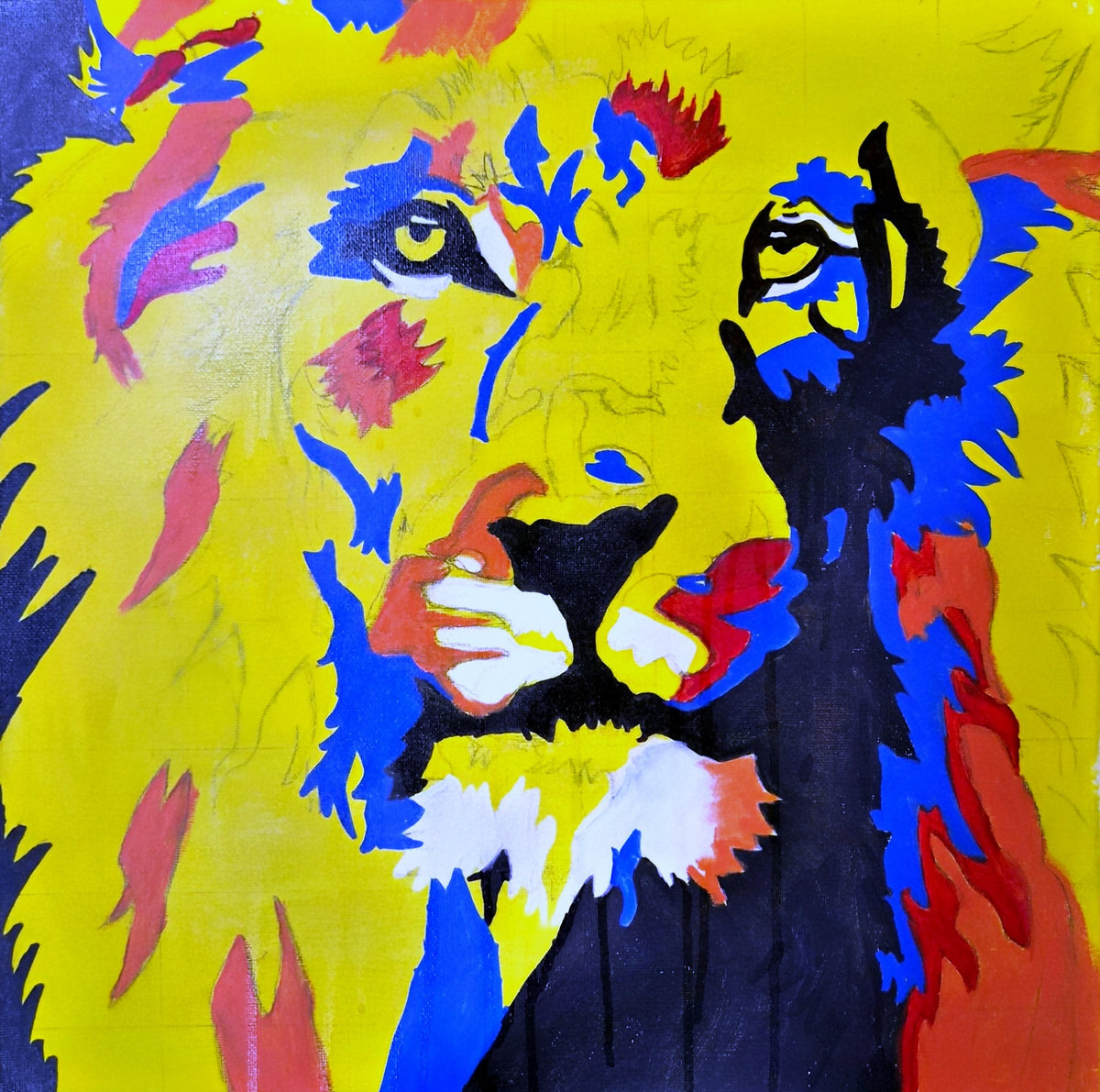 Pop Art Lion: A bold pop-art lion in yellow, blue and red.