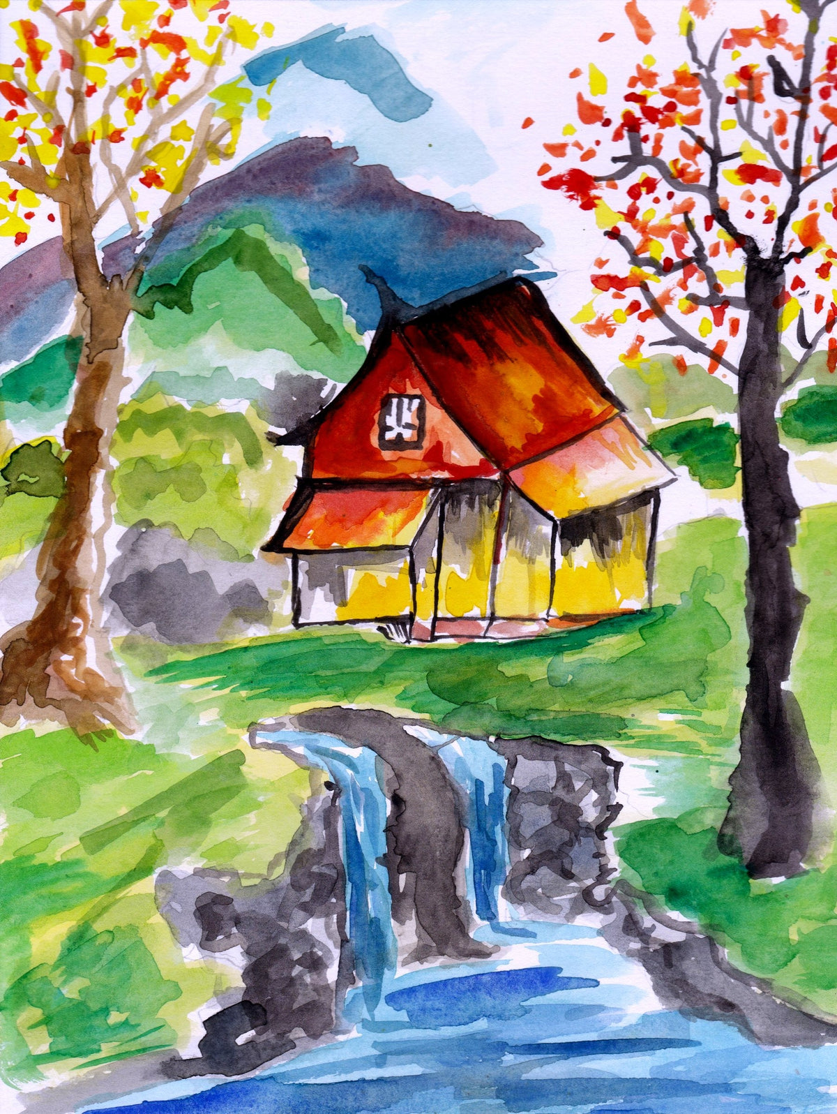 River House: A red-roofed cottage by a waterfall, with autumn trees all around.