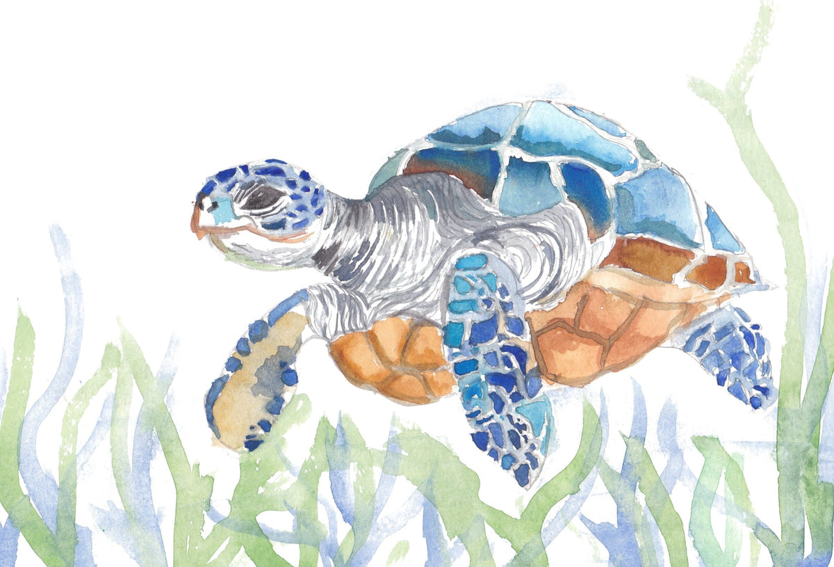 Sea Turtle: A sea turtle gliding through soft green seaweed.