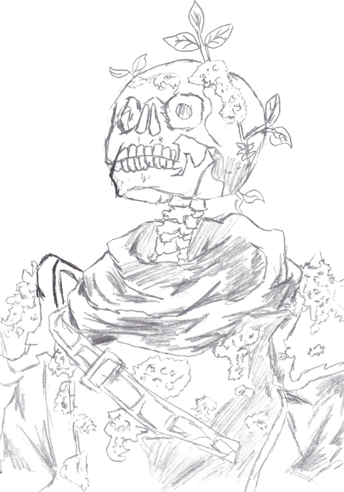 Skeleton Warrior: A skeleton warrior with little plants sprouting from his skull, drawn in pencil.